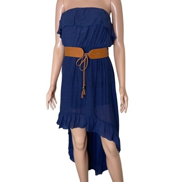 Annabelle A'GACI Sleeveless High/low Dress ruffle top Navy Blue belted SZ M - Picture 2 of 10